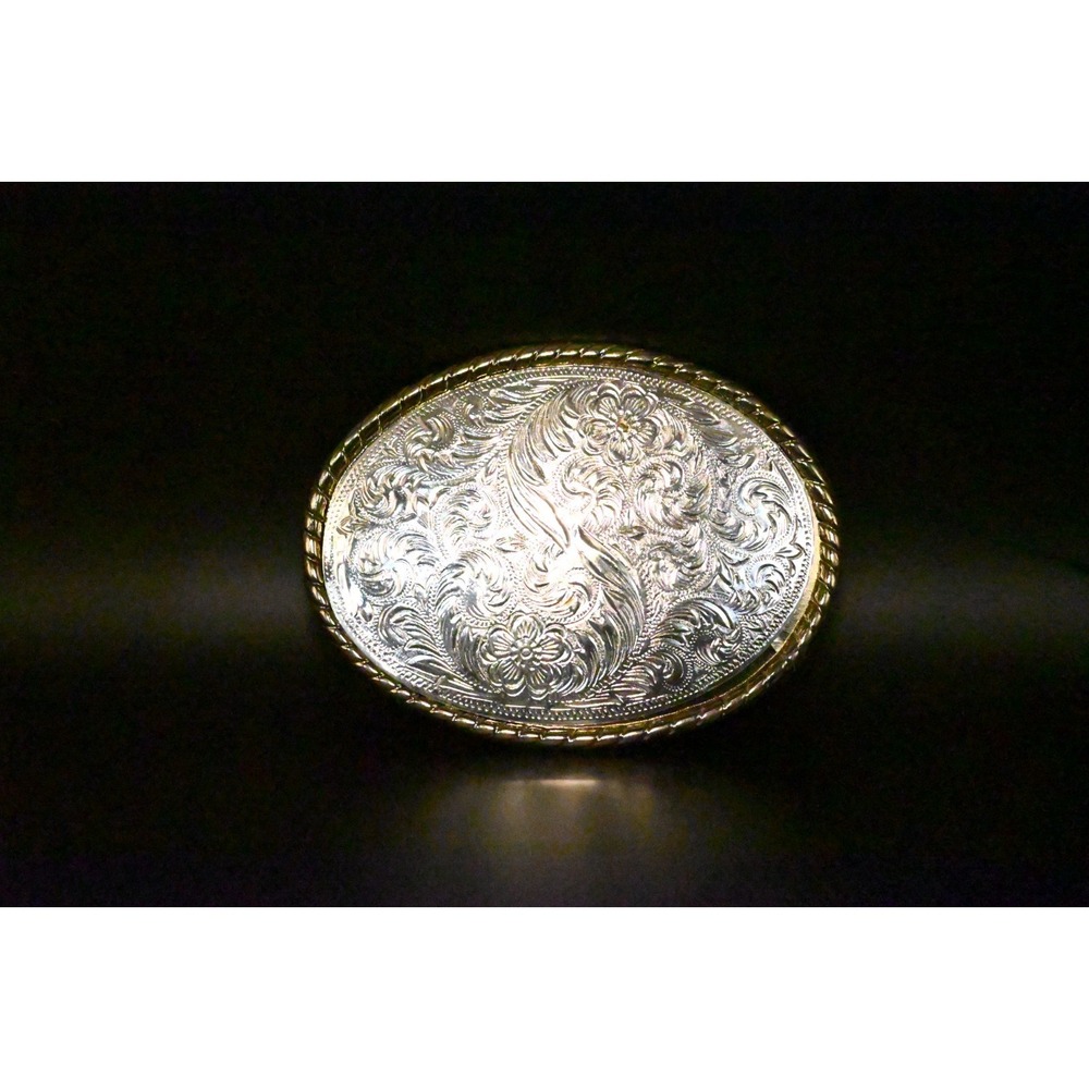 Vintage Western Floral Engraved Belt Buckle Silver Tone Oval Cowboy